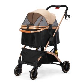Pet Stroller with 4 Wheels, Foldable Dog Cat Stroller with Detachable Carrier, Storage Basket, Seat Cushion, Cup Holder, Breathable and Visible Mesh