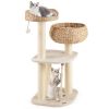 41 Inch Hand-Woven Water Hyacinth Cat Tree, 3 Sisal Scratching Posts Multi-Level Activity Center for Cats-White