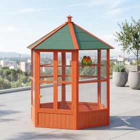 69" Wooden Hexagonal Bird Cage for Outdoor Aviary with Covered Roof Brown Flight Cage for Birds