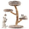 4-Level Natural Pear Wood Cat Tree - 19.5"x35.5", Jute Scratch Posts + Plush Ball, Long Plush