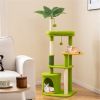 48" Cat Tree with Tropical Leaves - Self-Groomer & Scratching Posts, Space-Saving (Green+Orange)