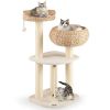 41 Inch Hand-Woven Water Hyacinth Cat Tree, 3 Sisal Scratching Posts Multi-Level Activity Center for Cats-White
