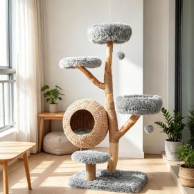 5-Tier Wooden Cat Tree Condo with Plush Perches Jute Posts And Balls Woven Design for Cats Furniture (Color: Gray)