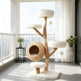 5-Tier Wooden Cat Tree Condo with Plush Perches Jute Posts And Balls Woven Design for Cats Furniture (Color: White)